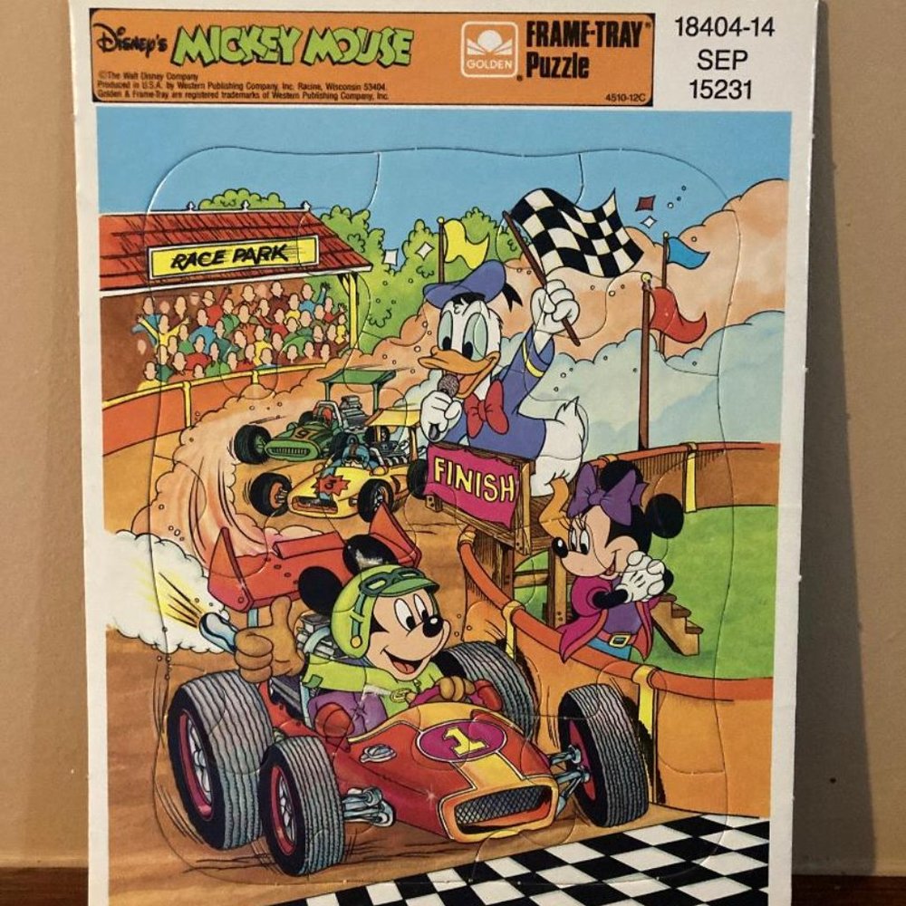 Vintage Disney Mickey Mouse Puzzle Frame Tray Golden 4088 Race Car Minnie Donald